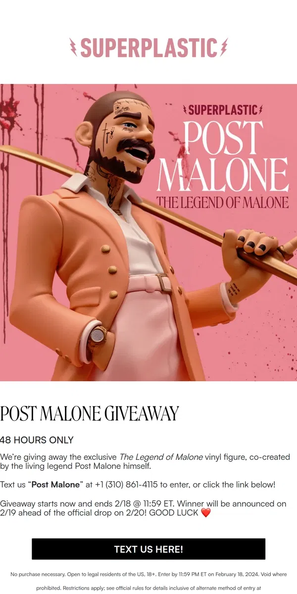 Email from Superplastic. POST MALONE GIVEAWAY 🦅