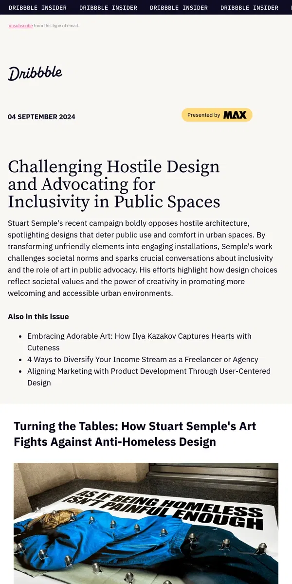 Email from Dribbble. 🤍 Design as Advocacy: The Artistic Battle for Inclusive Public Areas