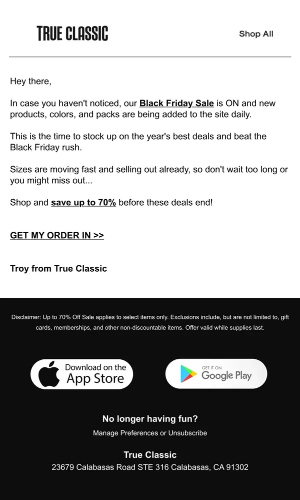 Email from True Classic. 🚨🚨 Black Friday Packs are selling fast