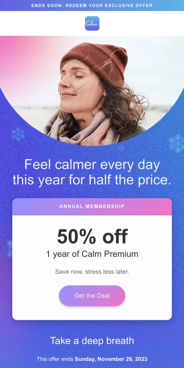 Email from Calm. Black Friday is ending soon — 50% OFF Calm