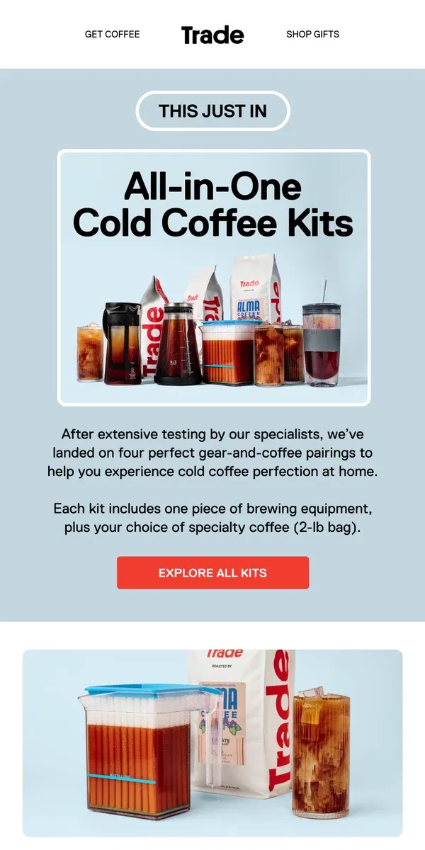 Email from Trade Coffee. JUST IN: All-in-One Iced Coffee Kits