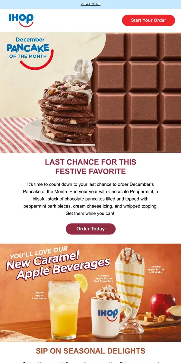 Email from IHOP. Say Goodbye to 2024 — and Chocolate Peppermint Pancakes