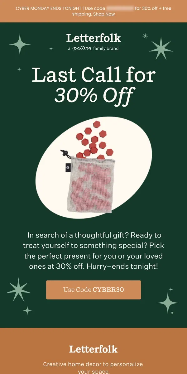 Email from Letterfolk. FINAL HOURS: Cyber Monday Savings disappear tonight 🫣