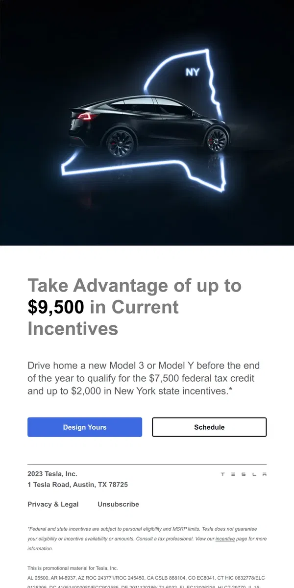 Email from Tesla. Save on a New Tesla in New York