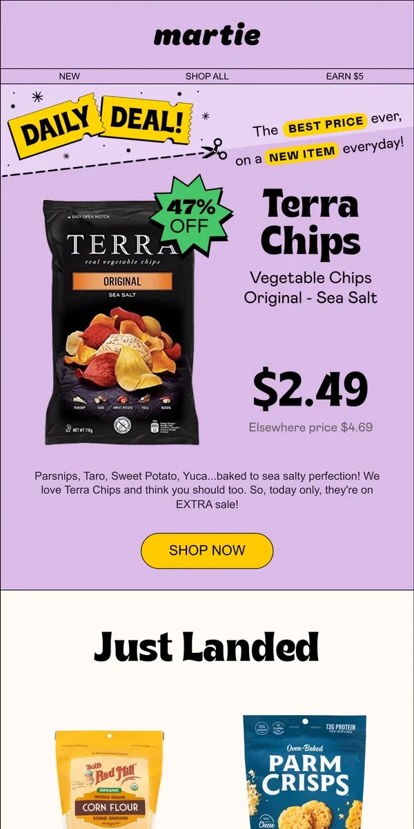 Email from Martie. 💪 HUGE restock! Bob's Red Mill, Parm Crisps, Catalina Crunch...and more!