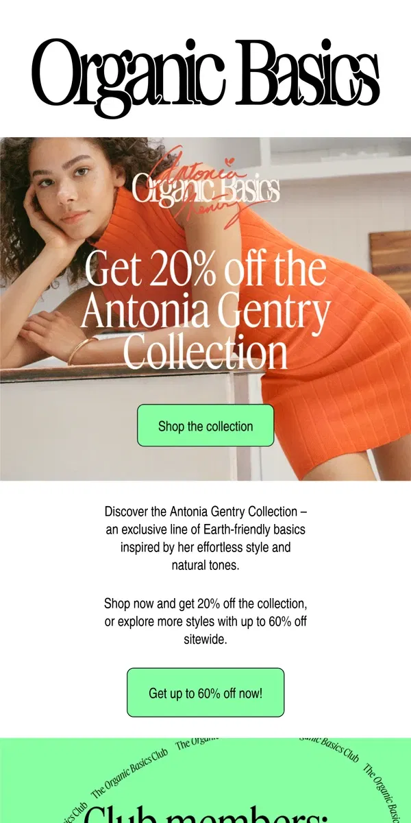 Email from Organic Basics. 20% Off the Antonia Gentry Collection