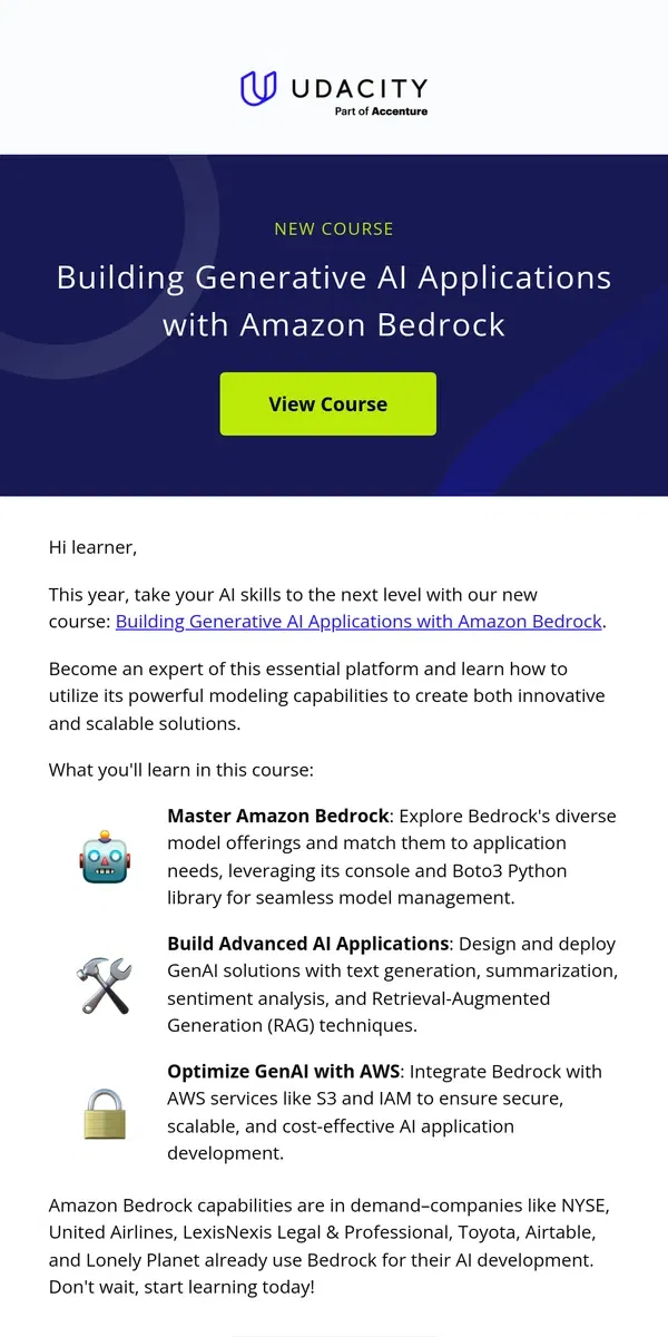 Email from Udacity. New AI Course: 🤖 GenAI with Amazon Bedrock