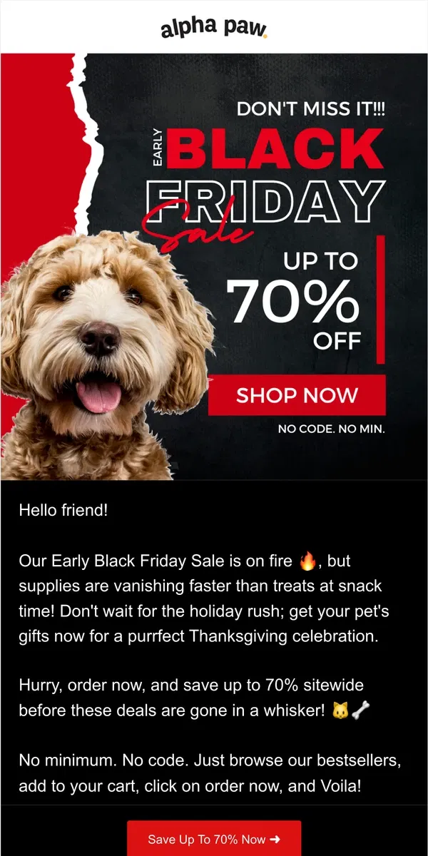 Email from Alpha Paw. 🚨 Black Friday Sneak Peek: Limited Stock Alert!