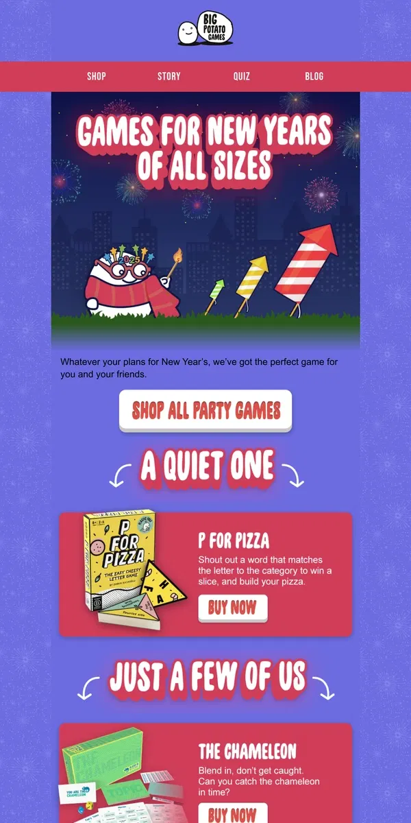 Email from Big Potato Games. Top games for NYE 🥳