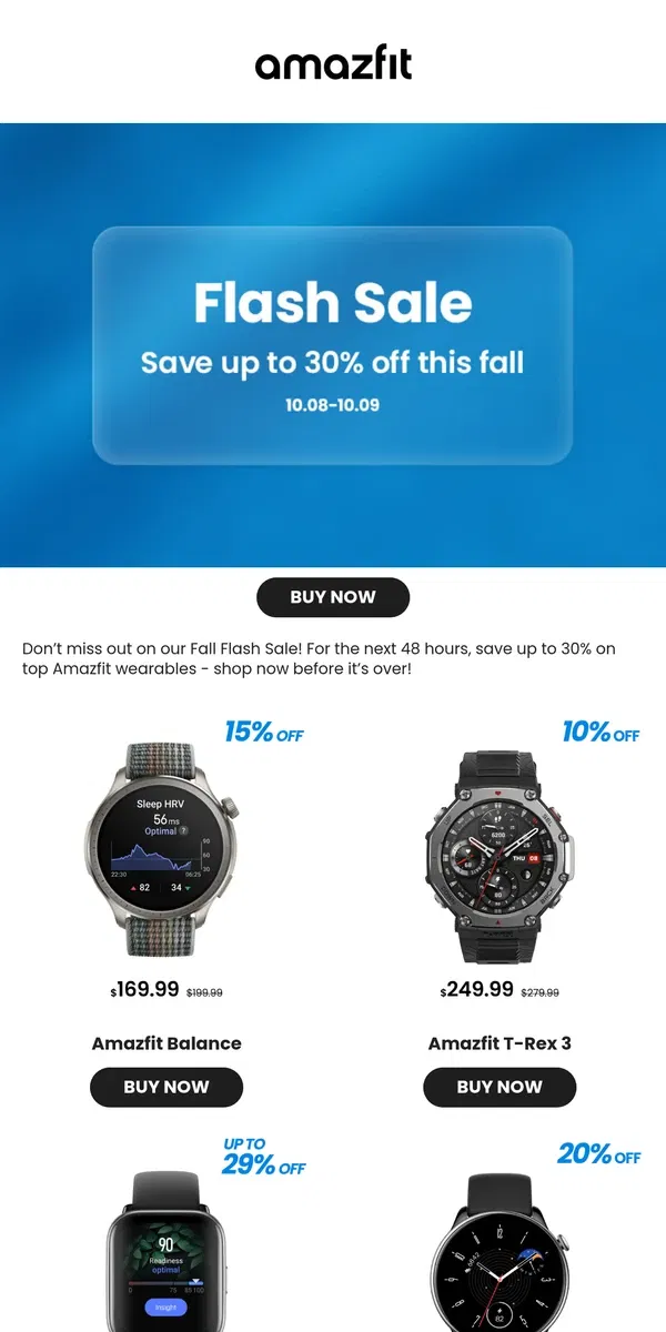 Email from Amazfit. 2 Days Only: Save up to 30% with Amazfit this Fall!