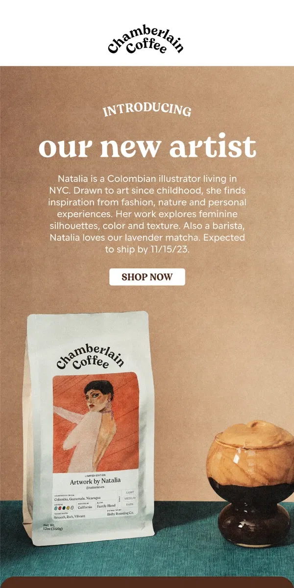 Email from Chamberlain Coffee. meet our new artist