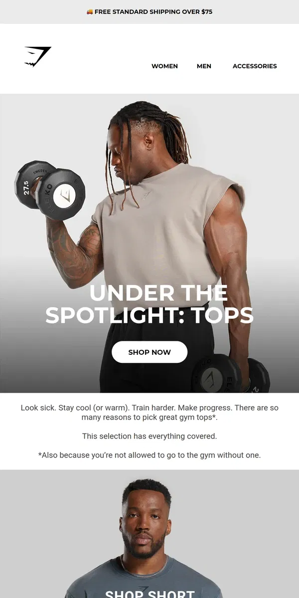 Email from Gymshark. Under the spotlight: Tops