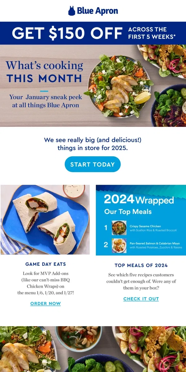 Email from Blue Apron. Your Blue Apron January update + $150 OFF.