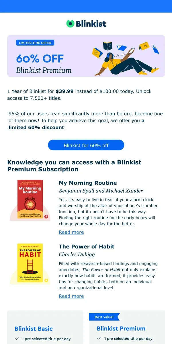 Email from Blinkist. [Limited time offer] 60% off life changing books