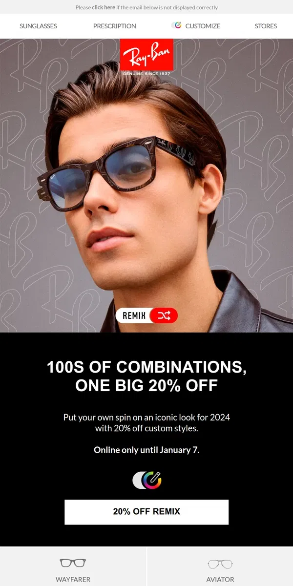 Email from Ray-Ban. 20% off custom styles