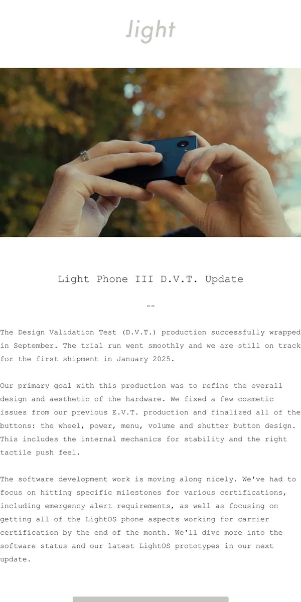 Email from The Light Phone. Light Phone III D.V.T. Update✨