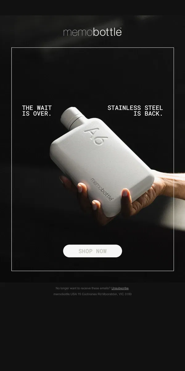 Email from memobottle. Back In Stock – Stainless Steel memobottle™