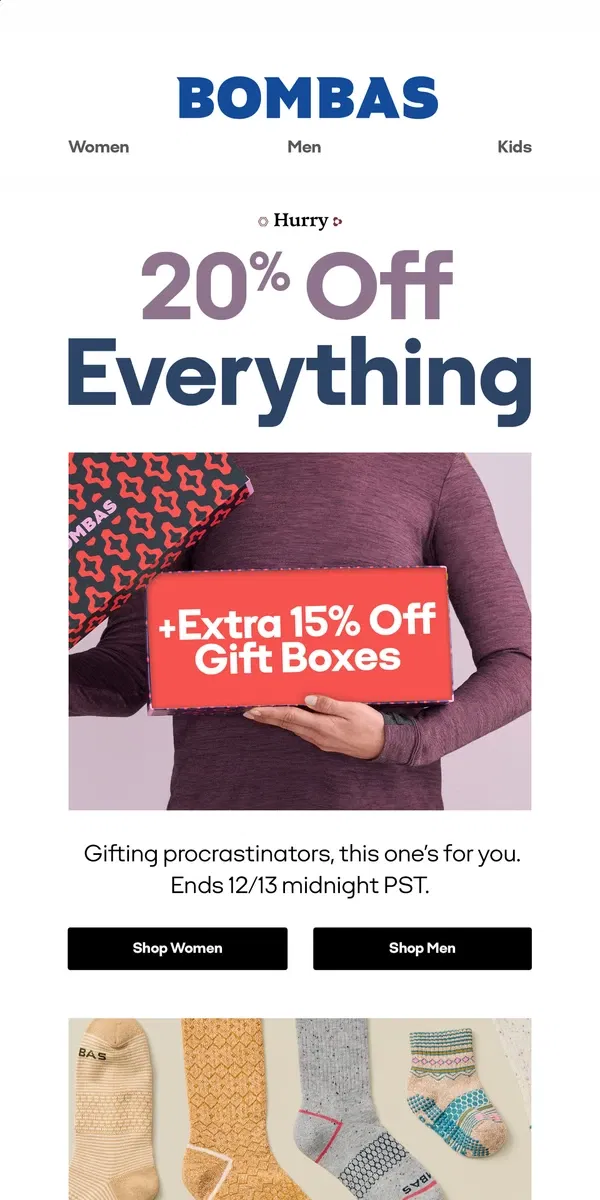 Email from Bombas. One Last 20% Off Sale