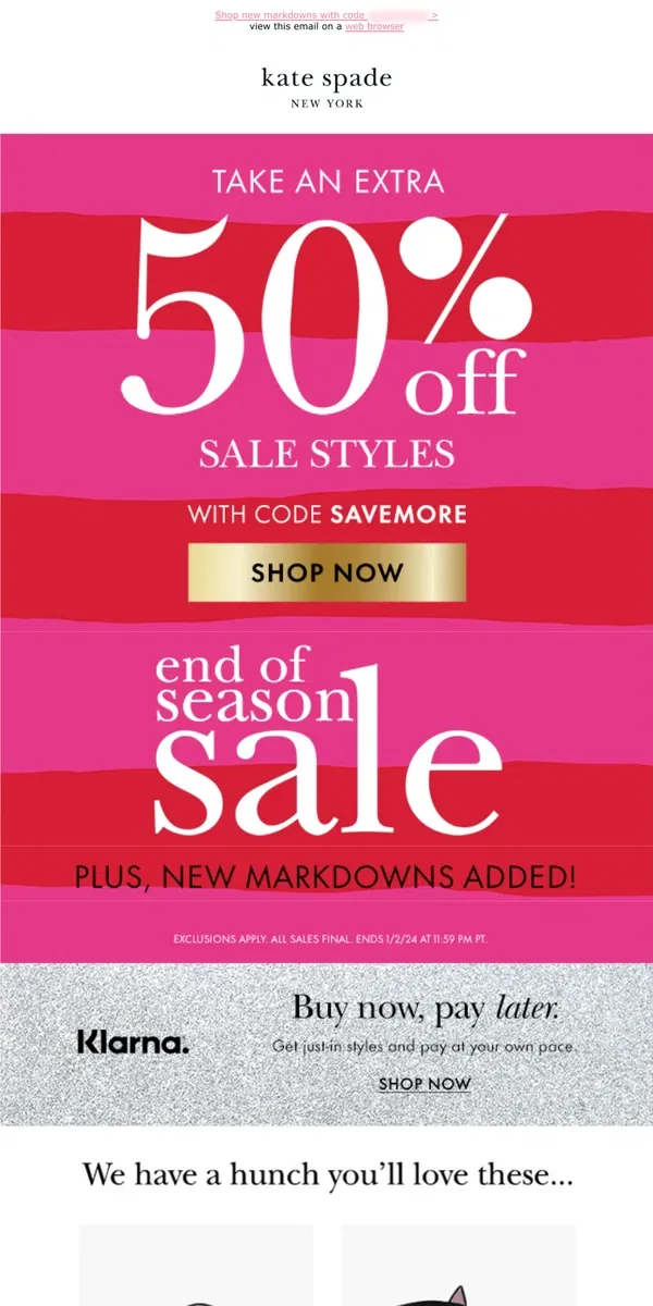 Email from Kate Spade. Jaw-dropping savings: get 50% off sale styles