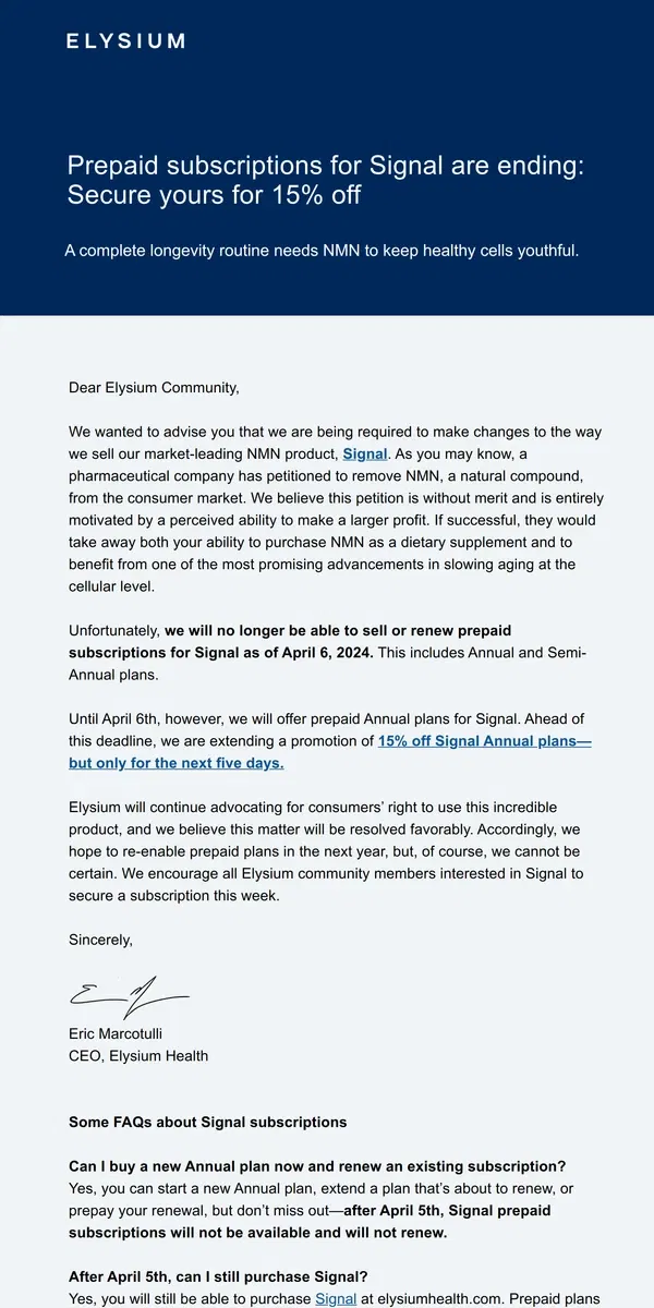 Email from Elysium Health. Important notice regarding Signal - subscribe by April 5th