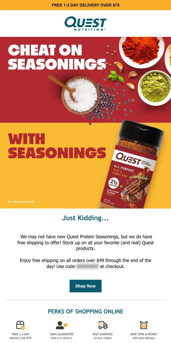 Email from Quest Nutrition. Free Shipping Day is No Joking Matter!