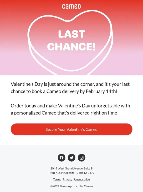 Email from Cameo. Last Chance to Book Your Valentine's Cameo! 💌