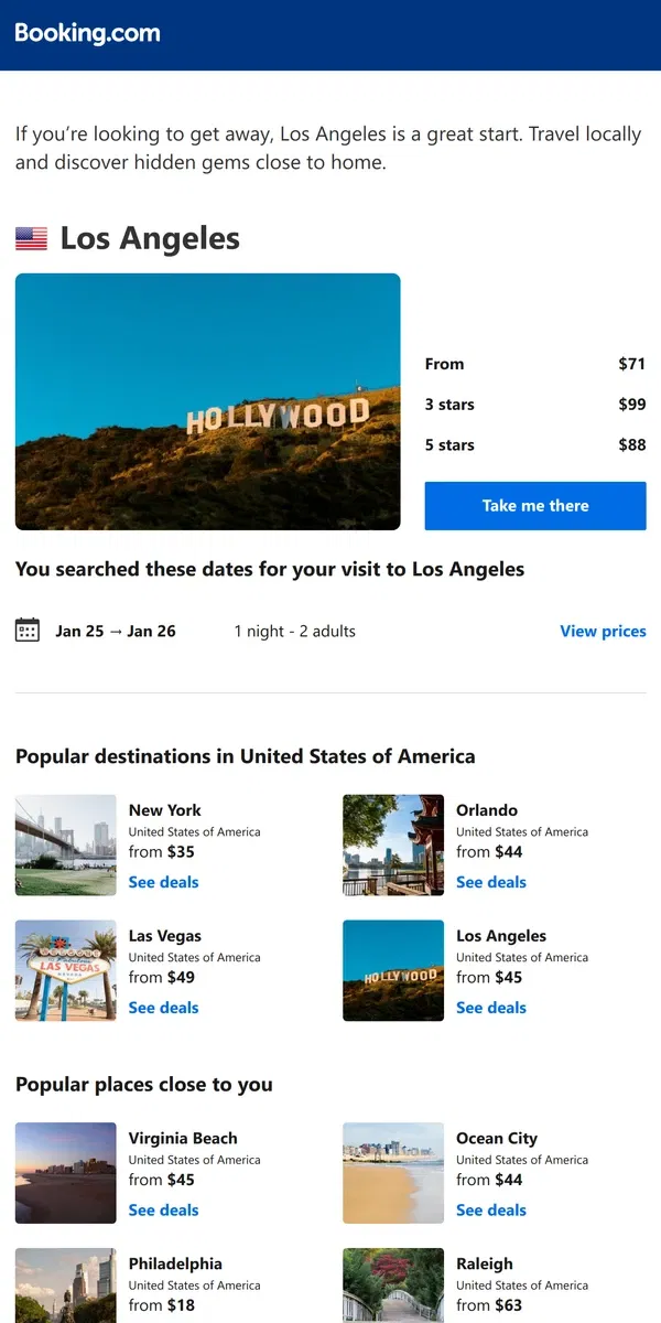 Email from Booking.com. A stay in Los Angeles from $71 – now that's a good price!