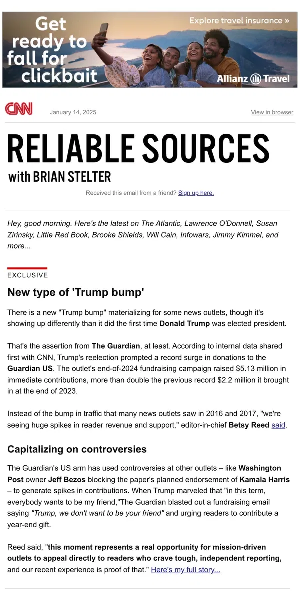 Email from CNN. New 'Trump bump;' Hegseth faces questions; Infowars bid doubles; studios pledge millions