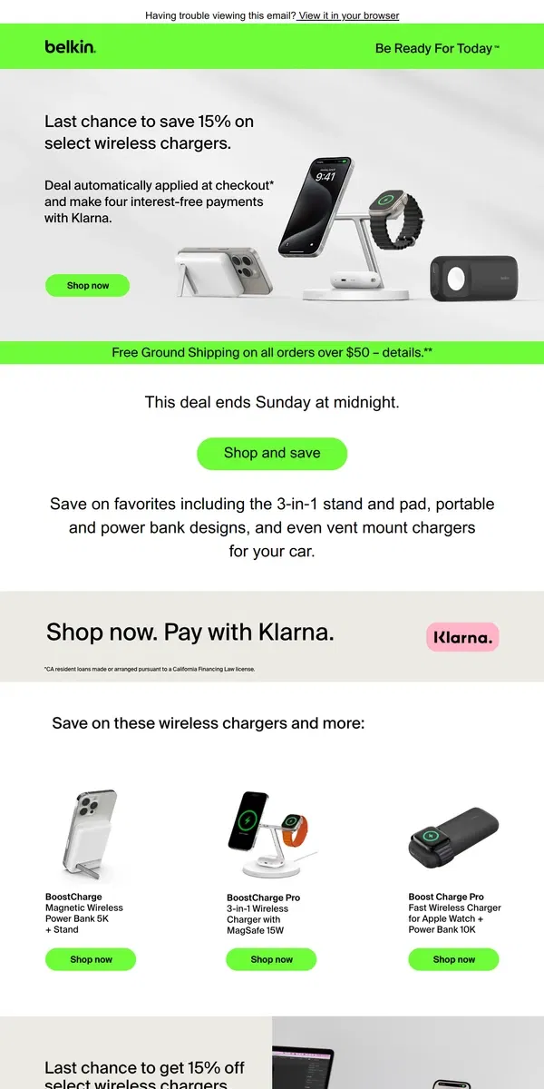 Email from Belkin. Last chance to save 15% on wireless chargers