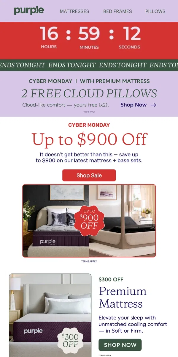 Email from Purple. Cyber Monday — Get 2 Free Pillows