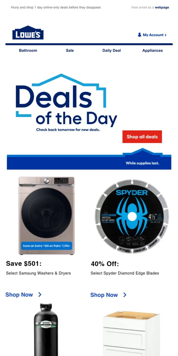 Email from Lowe's. LIMITED TIME deals, just for today.