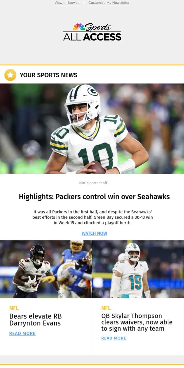 Email from NBC Sports. Highlights: Packers control win over Seahawks