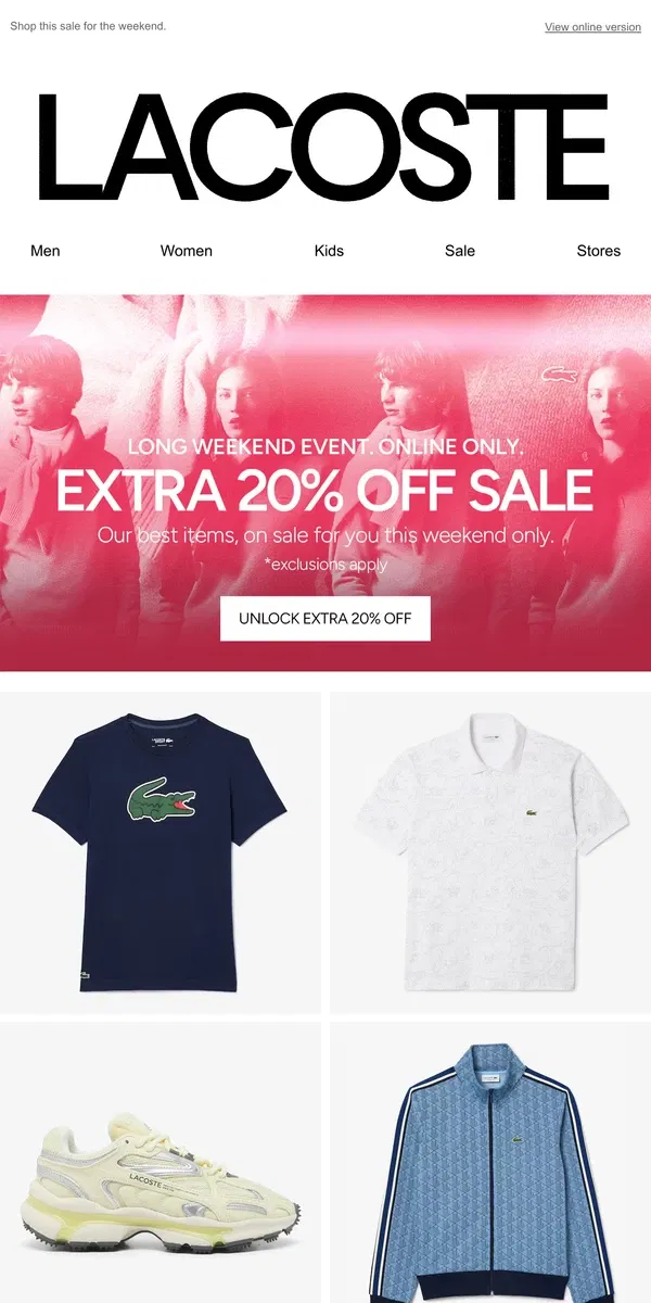 Email from Lacoste. Extra 20% Off Sale. Launching Now.