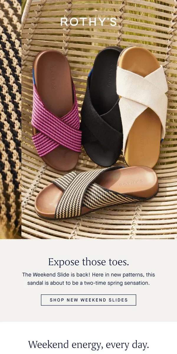 Email from Rothy's. Sliding in with NEW Weekend Slides.