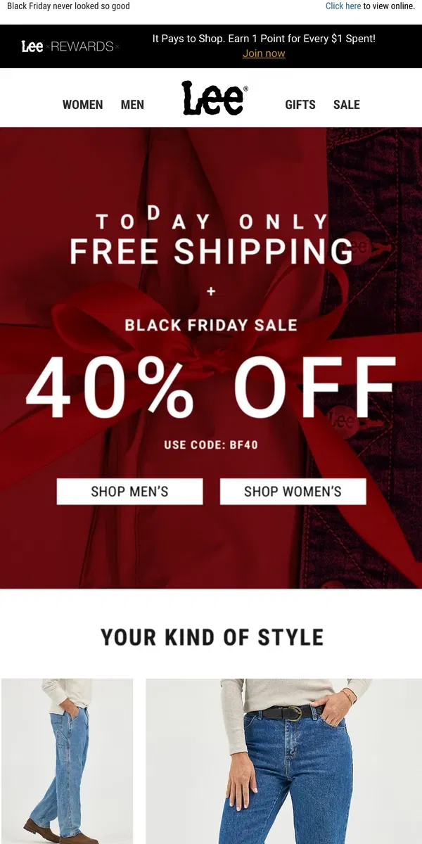 Email from Lee. FREE Shipping + 40% off