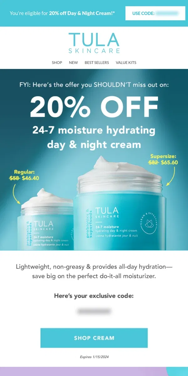 Email from TULA Skincare. Just for you: 20% off our #1 moisturizer