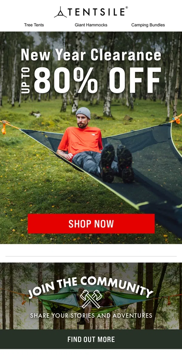 Email from Tentsile. New Year Clearance | Up To 80% Off 🌲