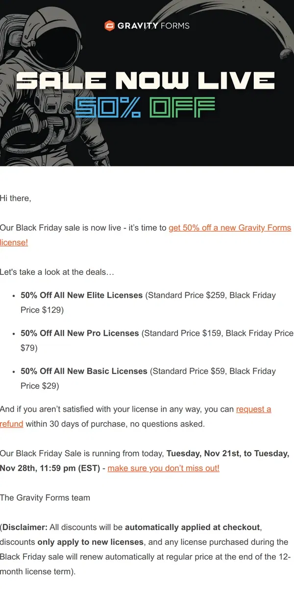 Email from Gravity Forms. Get 50% Off a New Gravity Forms License! 🚀