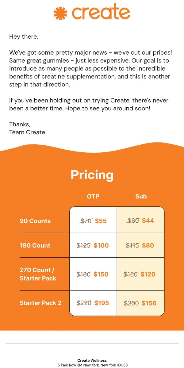 Email from Create Wellness. PSA: We're Dropping Our Prices!