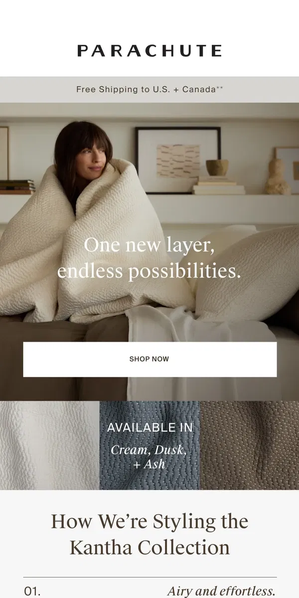 Email from Parachute Home. 4 Looks With The Hand-Stitched Kantha Quilt