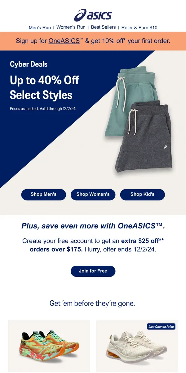 Email from ASICS. Cyber Deals are here.