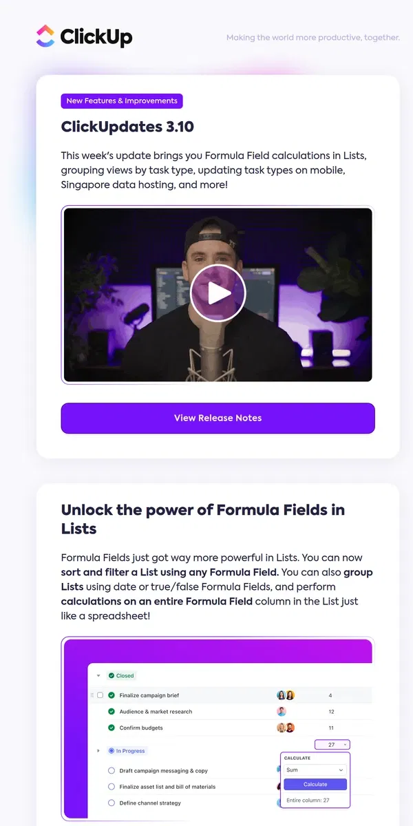 Email from ClickUp. Formula Field calculations in Lists, Singapore data hosting, and more!