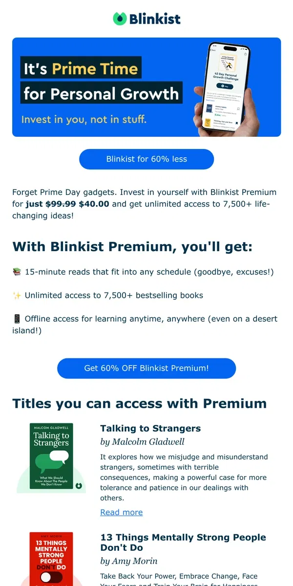 Email from Blinkist. Prime Day: Upgrade Your Mind, Not Your Stuff