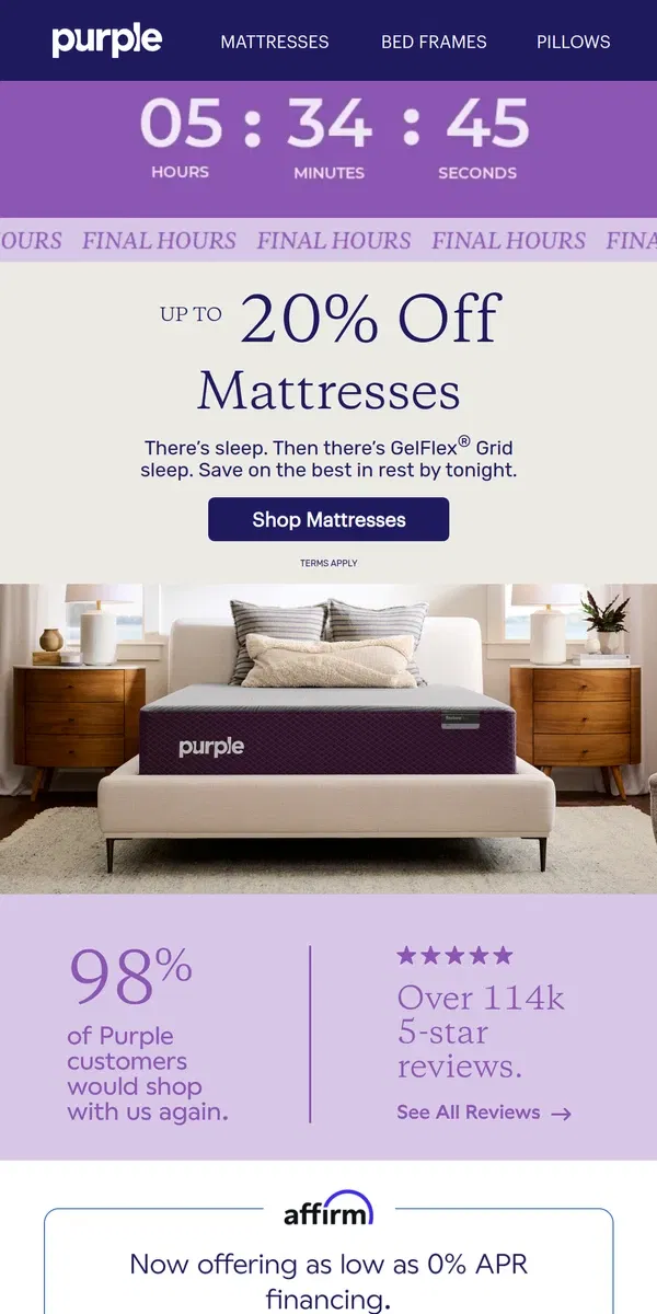 Email from Purple. Final Hours: Up to 20% Off Mattresses