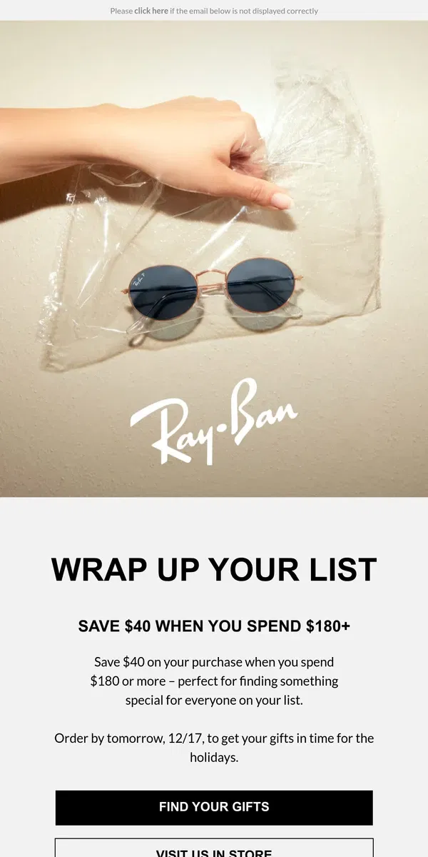 Email from Ray-Ban. Save $40 When You Spend $180+