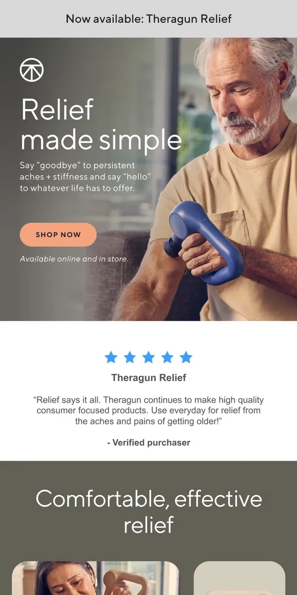 Email from Therabody. Easy-to-use Relief for aches + stiffness