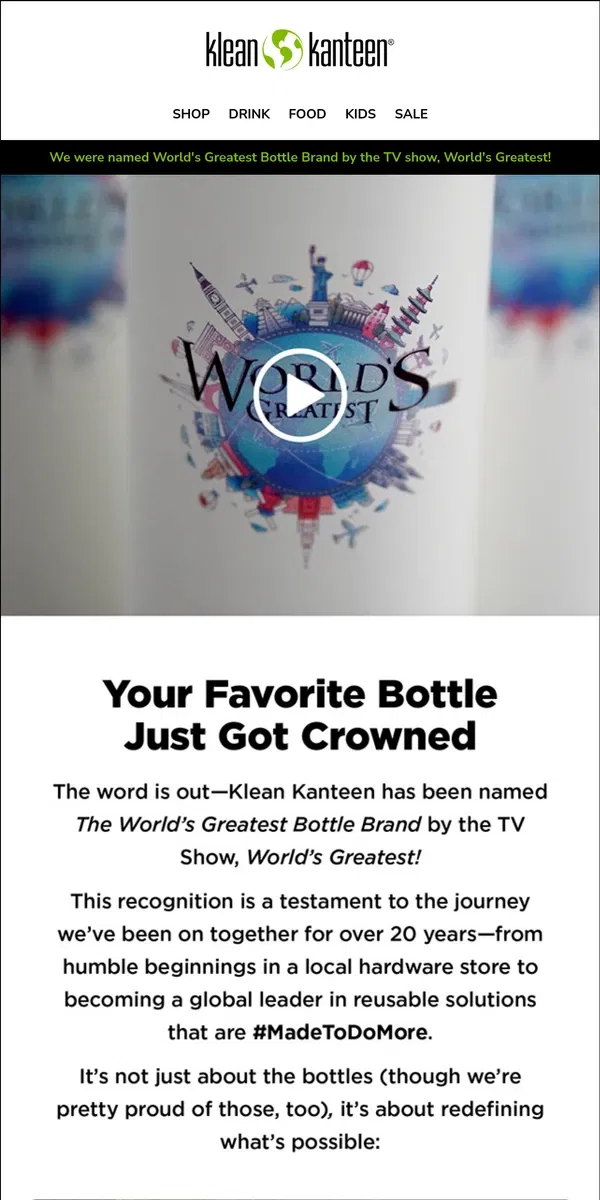 Email from Klean Kanteen. Your Favorite Bottle Just Got Crowned.