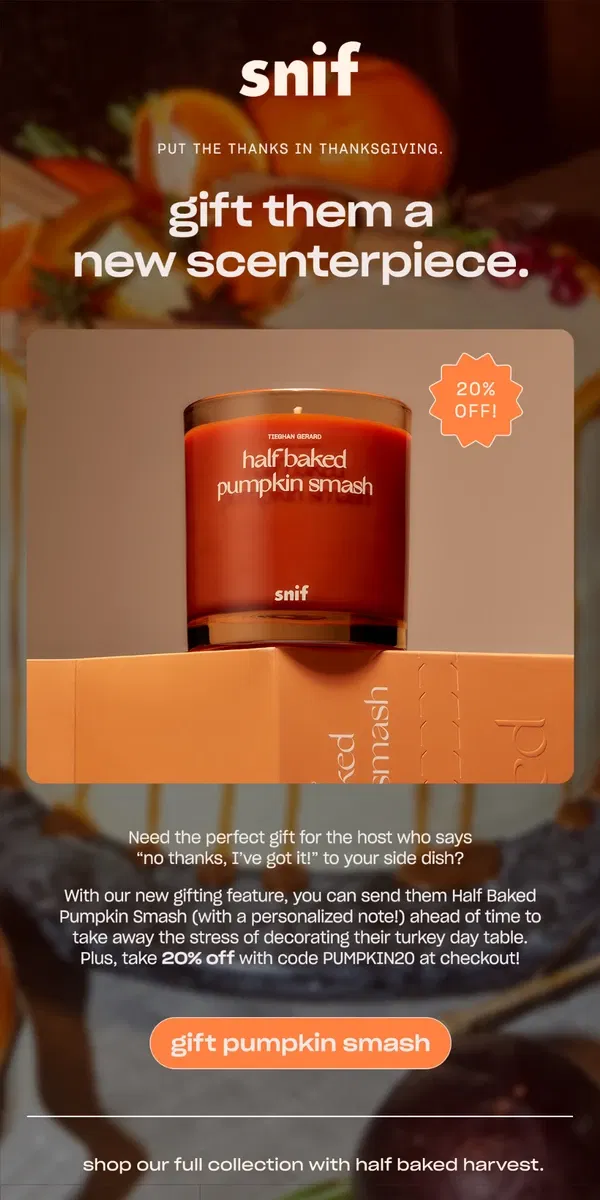 Email from Snif. 20% off Pumpkin Smash ‘til 11/15!