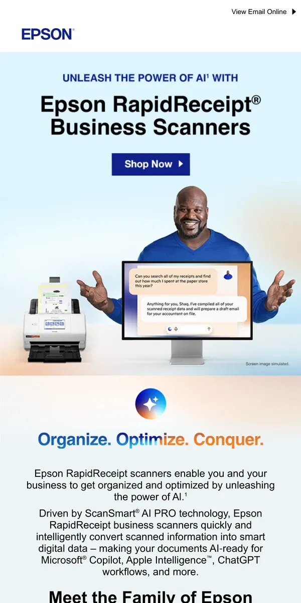 Email from Epson. Unleash the Power of AI with RapidReceipt Scanners