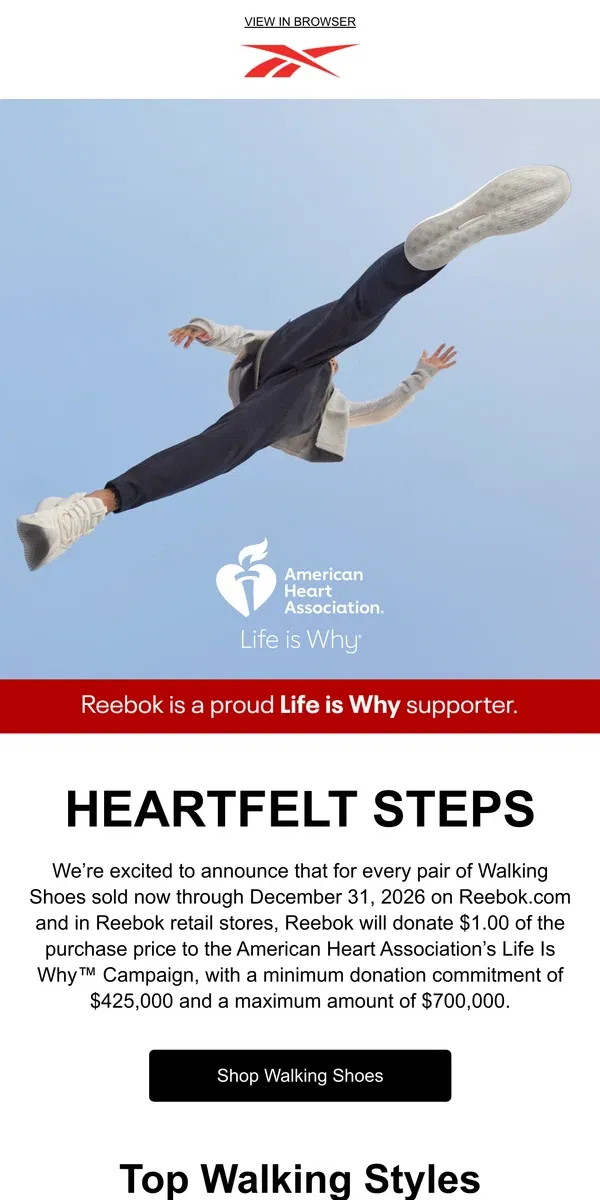 Email from Reebok. In support of the American Heart Association®’s Life is Why Campaign™ ❤️